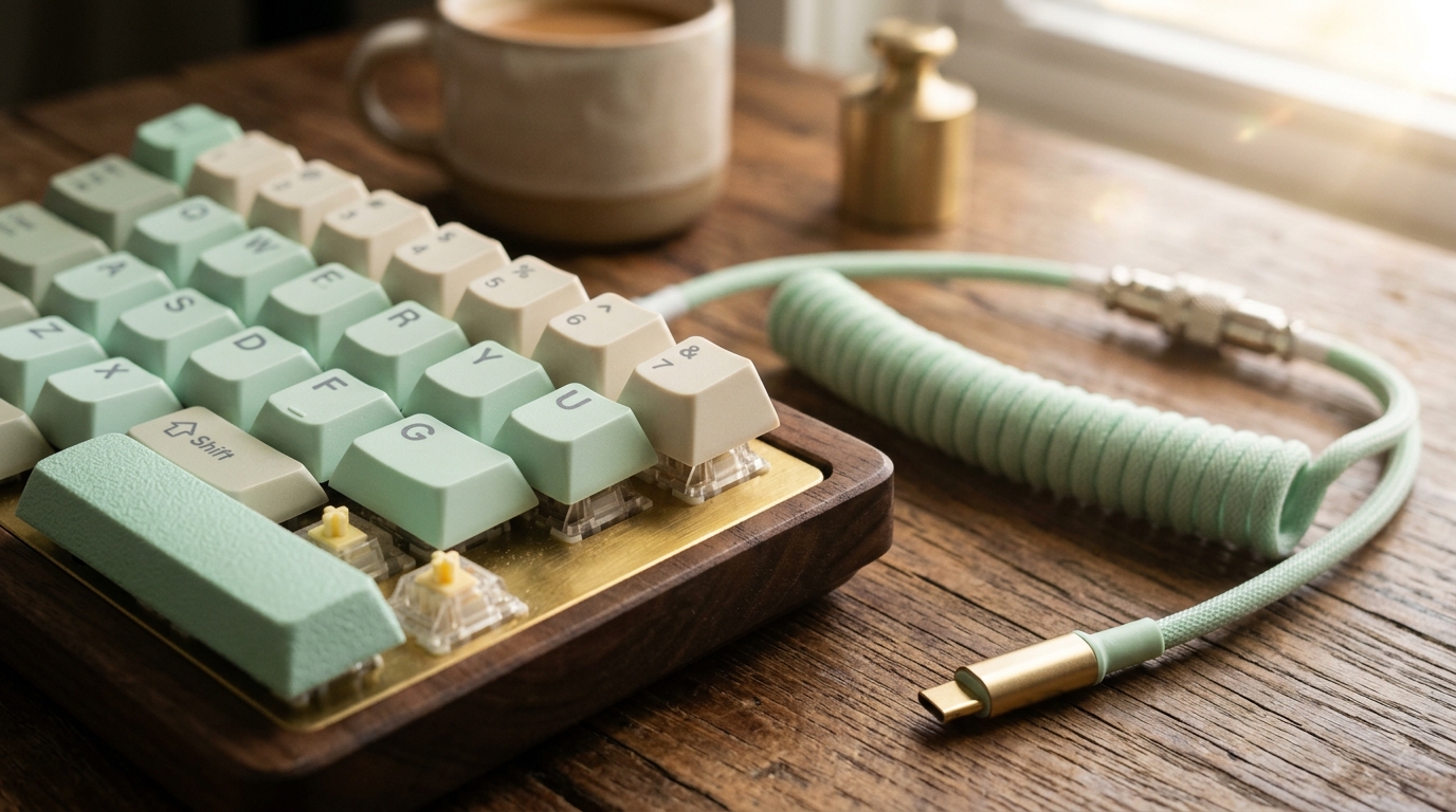 Detail macro shot of custom mechanical keyboard with soft pastel keycaps